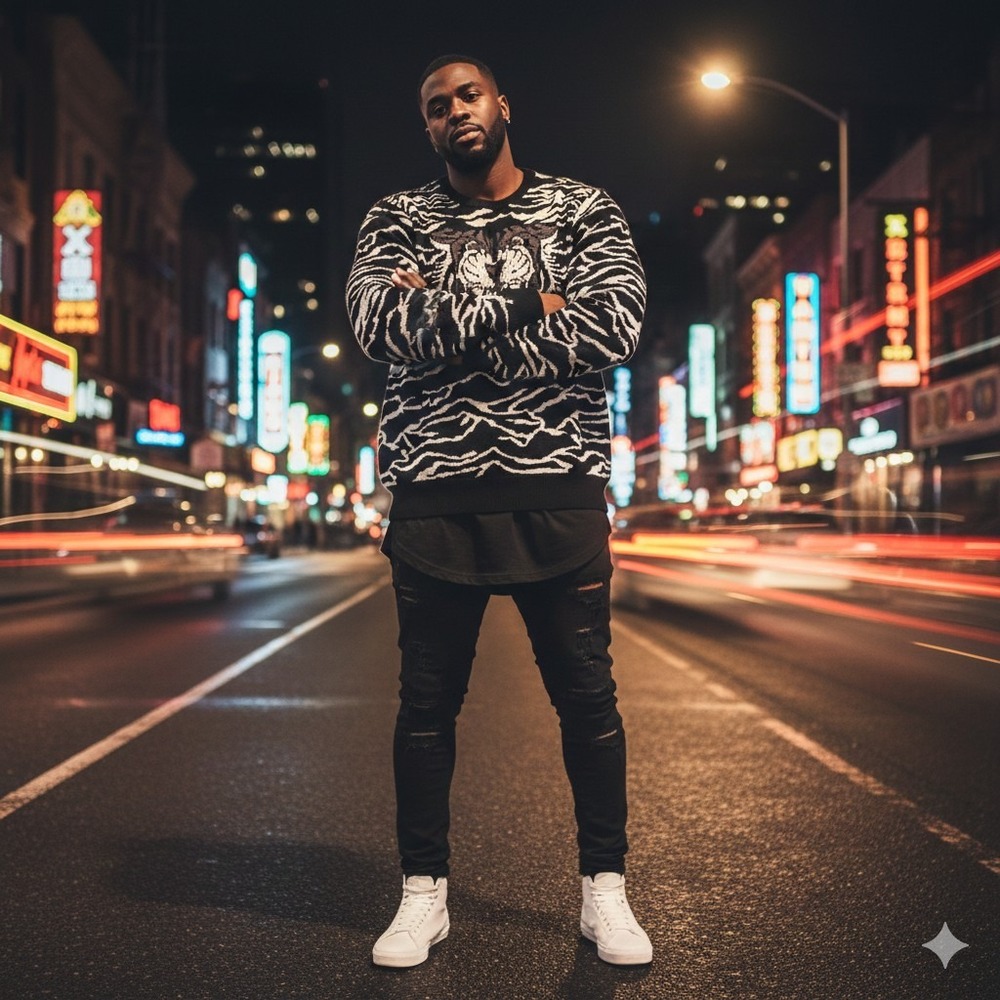 Sean John Sweater 2XL Black White Tiger Zebra Print Graphic Crewneck Knit